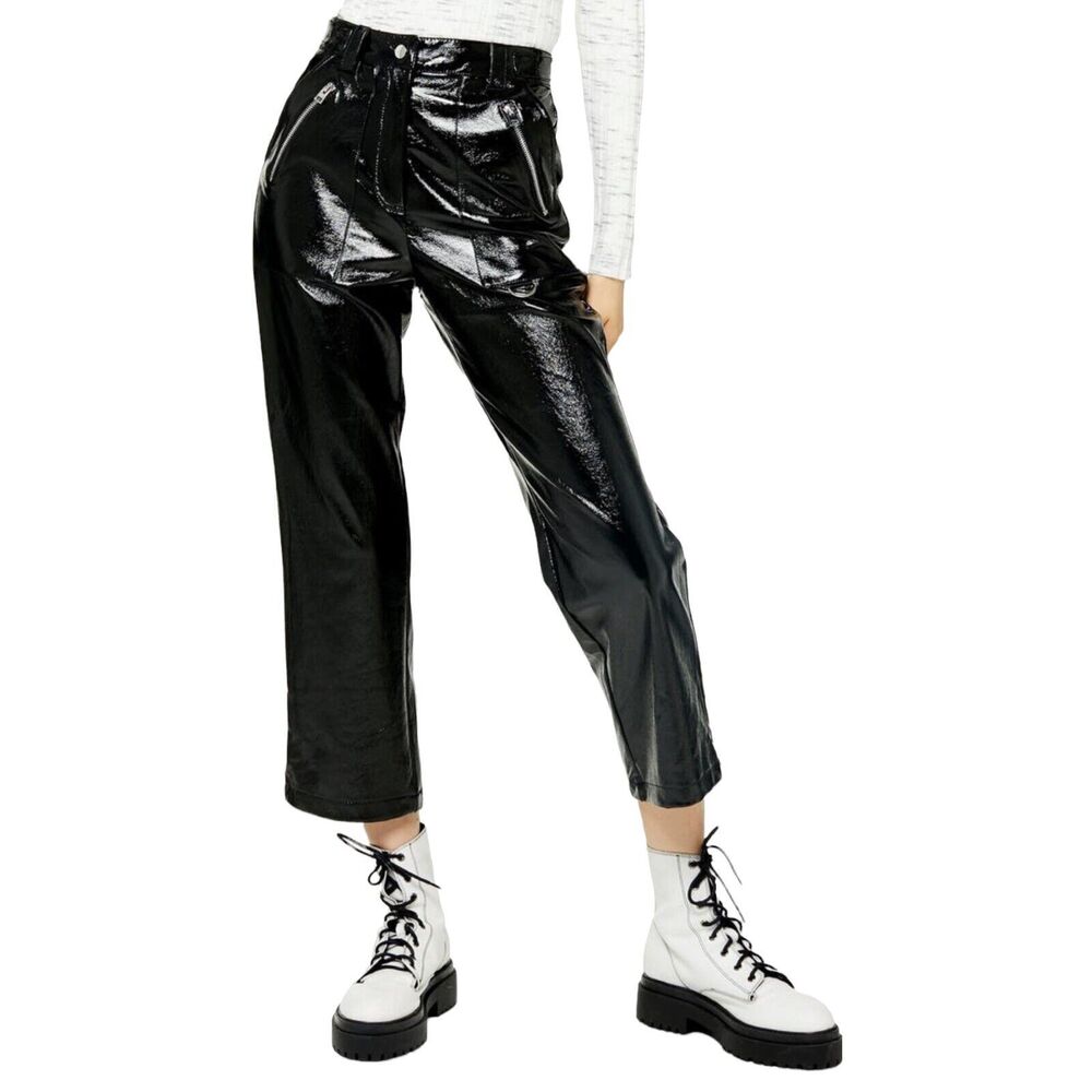 Topshop Black Glossy Straight Leg Faux Leather Trouser Size 10 Petite New